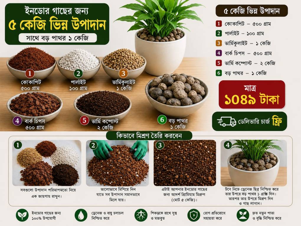 ইনডোর প্ল্যান্টের জন্য প্রিমিয়াম ৫ কেজি কম্বো ১০৪৯ টাকা